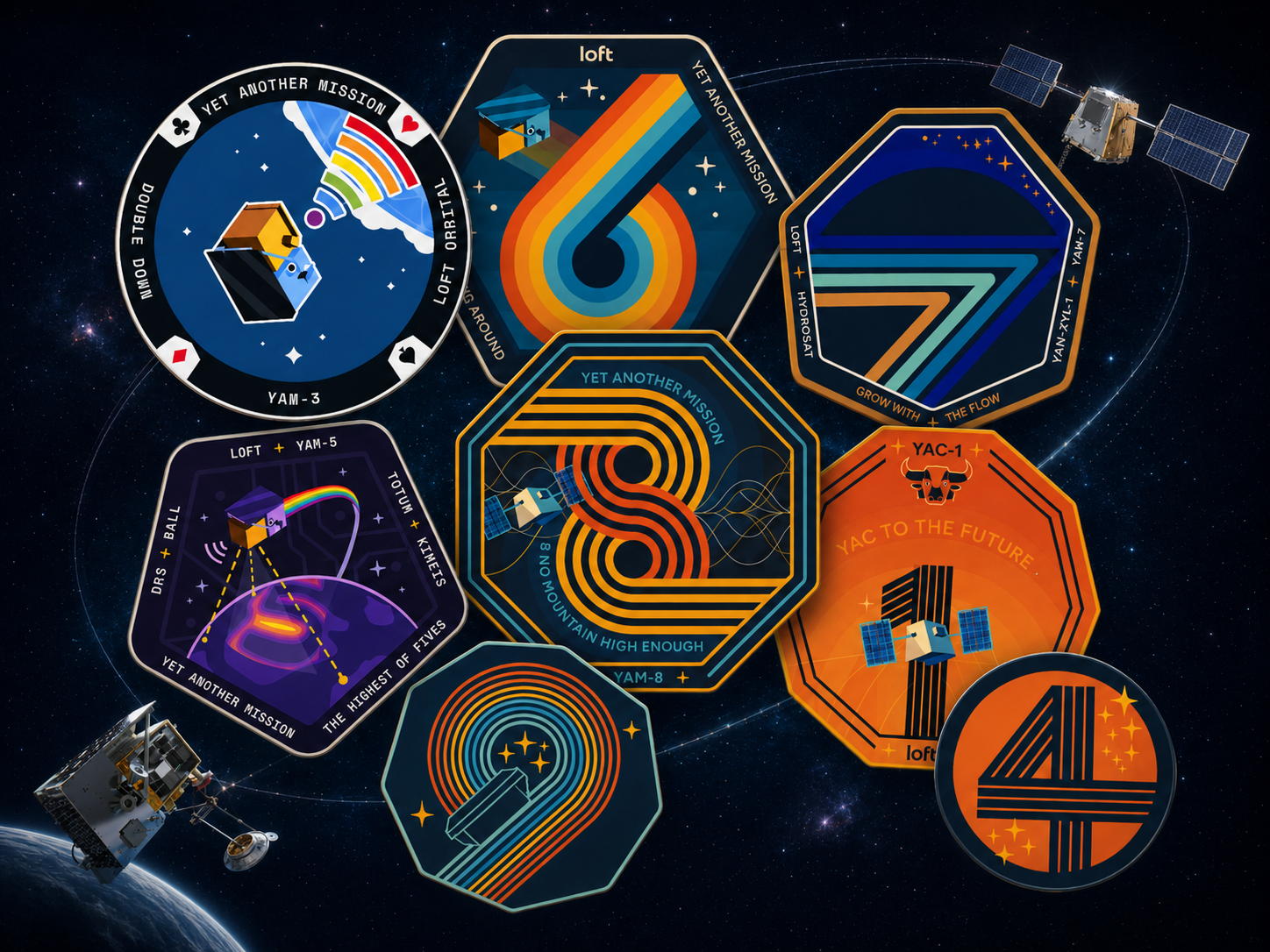 A collage of Loft Federal's flight heritage, including mission patches, satellites, and hardware.